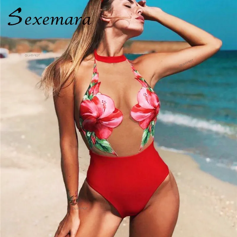 

Floral Transparent Swimsuit Extreme Halter Push Up Swimwear Women Bathing Suit Sexy Bodysuit One-pieces Summer 2019 Monokini