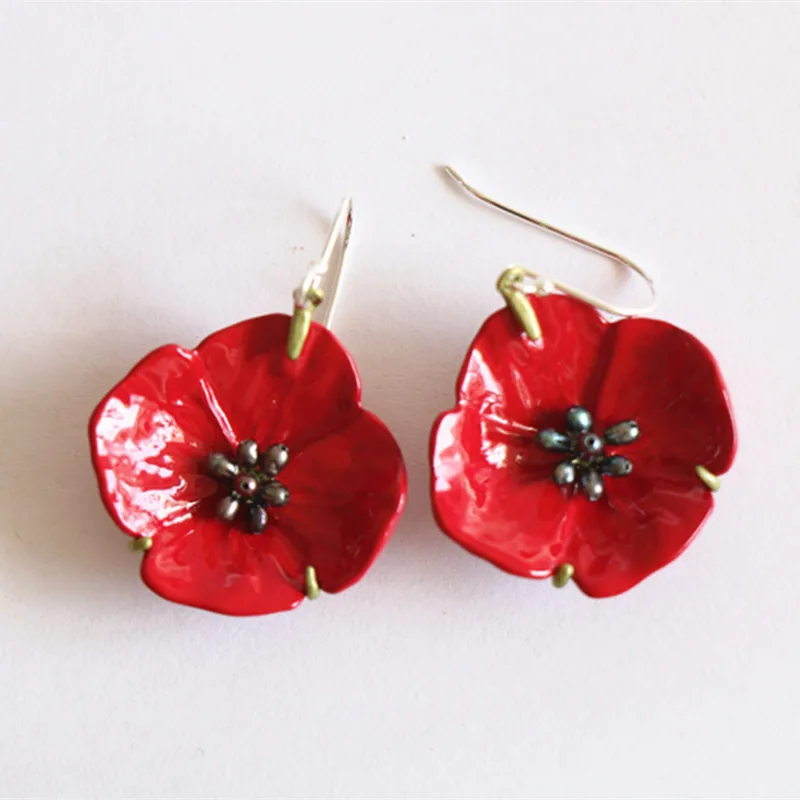 

vintage red poppy flower natural pearls 925 silver stud earrings necklace jewelry set
