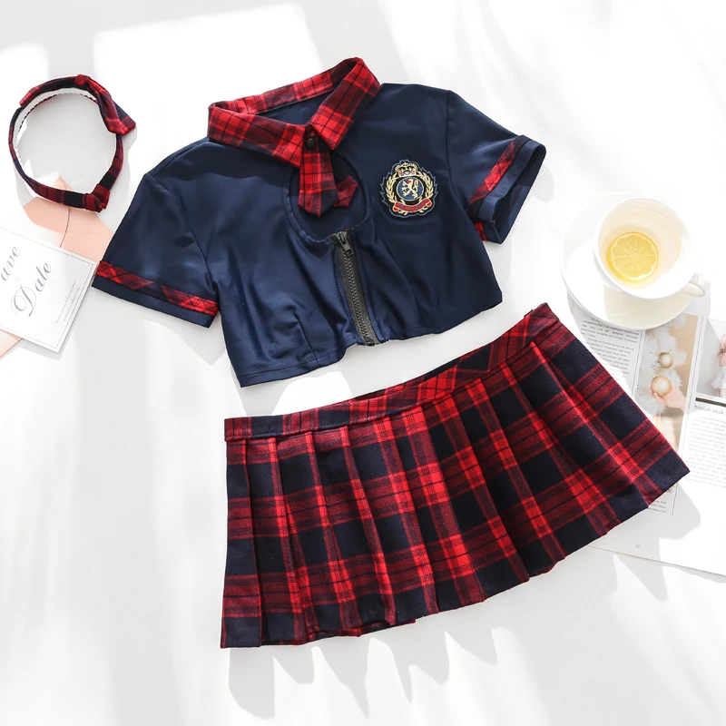 

Sexy Keyhole School Girls Lingerie Womens Student Uniform With Front Tie Plaid Mini Skirt Red Exotic Costumes Role Play