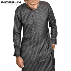 INCERUN мужская повседневная длинная рубашка кафтан африканская одежда в полоску с круглым вырезом с длинным рукавом модные топы мужская