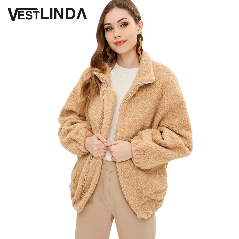 Goede Zip Up Pockets Faux Bontjas Jas Vrouwen Turn Down Kraag Lange Mouwen Winter Jas Warm Overjas Dikke Kleding Casual uitloper