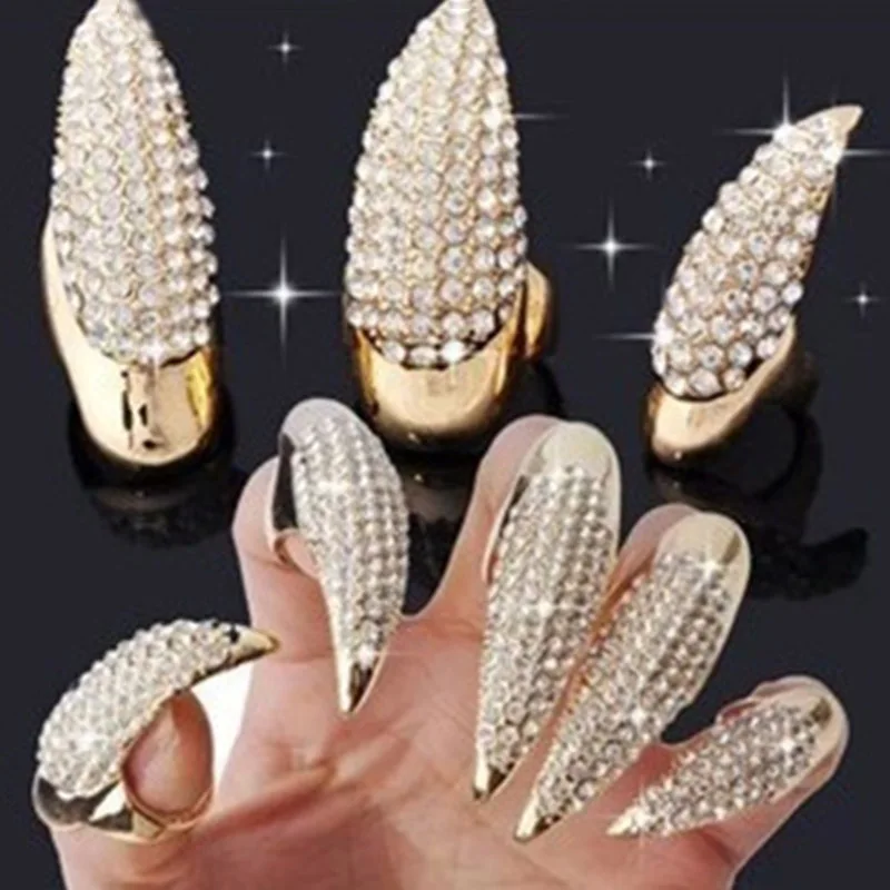 

5Pcs shiny Crystal Rhinestone False Nails Retro Punk Rock Unisex Claw Rings False Nail Paw Cat Claw Finger Rings JS0767