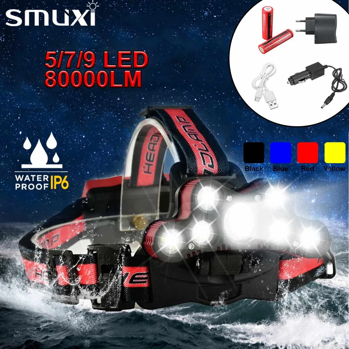 

8LED Headlamp 80000LM 5/7/9 LED T6 Headlight Head Flashlight Torch Forehead Rechargeable Head Lamp Fishing Headlight Flashlight