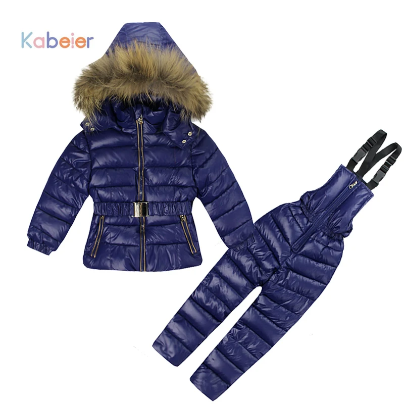 

Russian Winter Girls Clothing Sets For Children Polyester Jumpsuit Snow Jackets + Bib Pant 2pcs Set Coats Jacket With Fur Hood