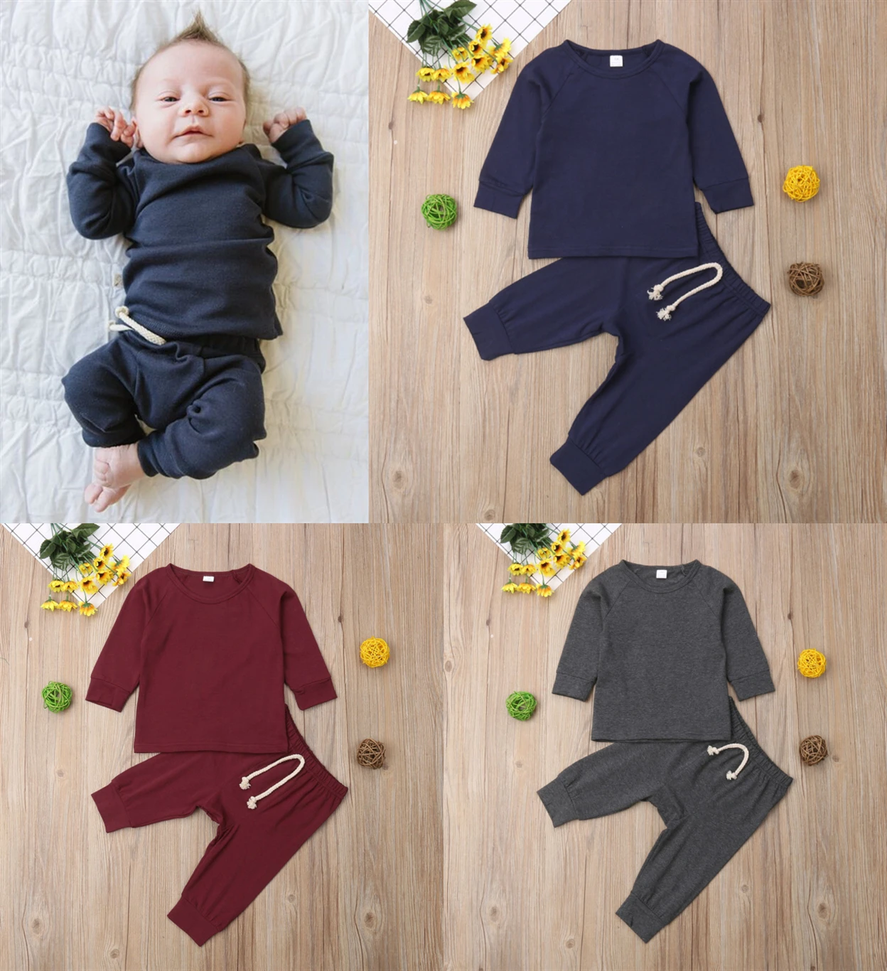 Cotton Baby Kids Newborn Pajamas PJs Sets Xmas Casual Sleepwear Nightwear Tops+Pants Clothes Set