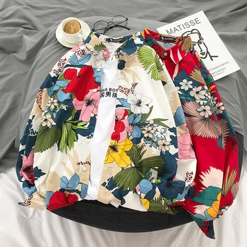 

Spring New Flower Shirt Men Fashion Casual Shirt Man Streetwear Hip Hop Loose Long-sleeved Shirt Trend Wild Hawaiian Shirt Male