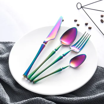 

Rainbow Cutlery 4pcs Set Spoon And Fork Set Silverware Stainless Steel Dinner Set Kitchen Food Dinnerware Christmas Dropshipping