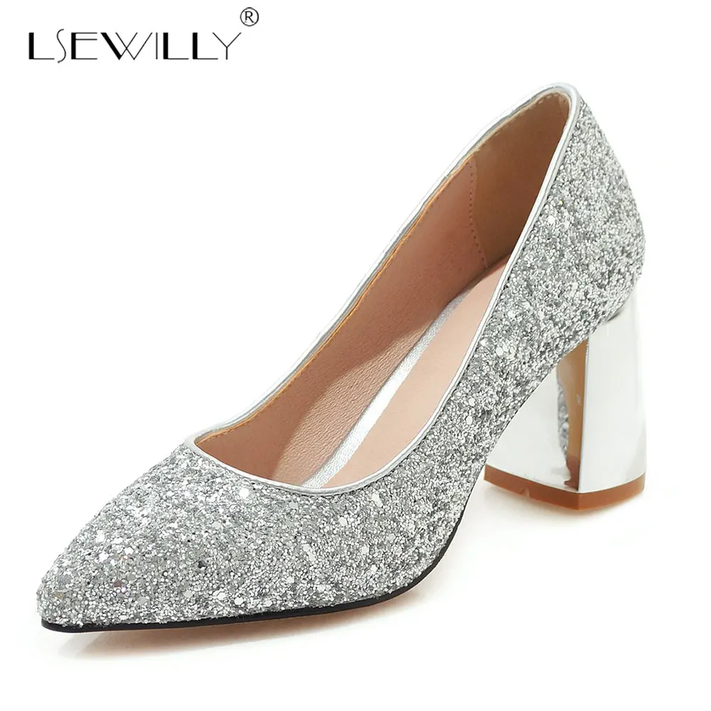 

Lsewilly Women Shoes 2019 Pumps Spring Fashion Sequins Thick High Heels Shoes Female Pointed Toe Shoes Big Size 33-48 E665