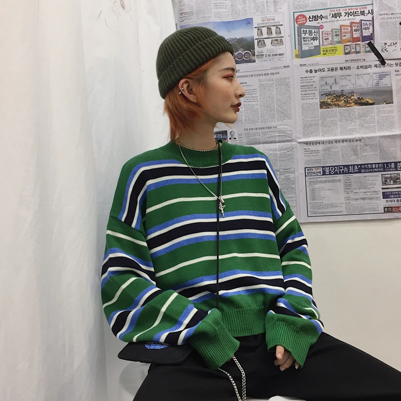 

Women's Clothing autumn streetwear New ulzzang Korea fashion Harajuku paneled green striped loose long sleeve pullover Sweaters