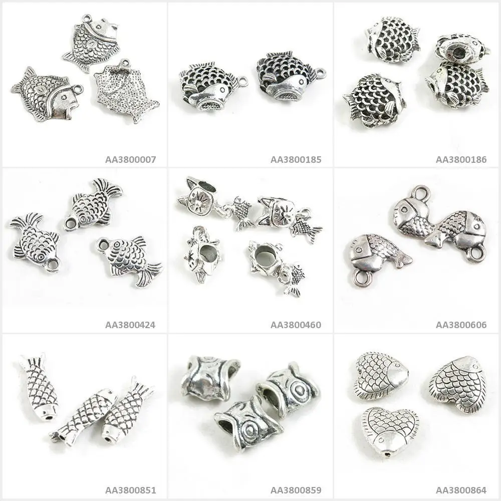 

Antique Silver Tone Jewelry Making Charms Fish Loose Beads Cat Carp Hollow Bracelet Pendant Necklace