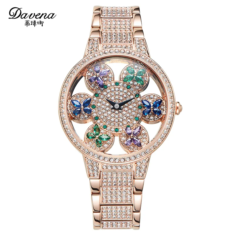 

Davena Lady Women's Watch Crystal Hours Fashion Clock Rotate Butterfly Hollow Bracelet Luxury Brand Rhinestones Birthday Gift