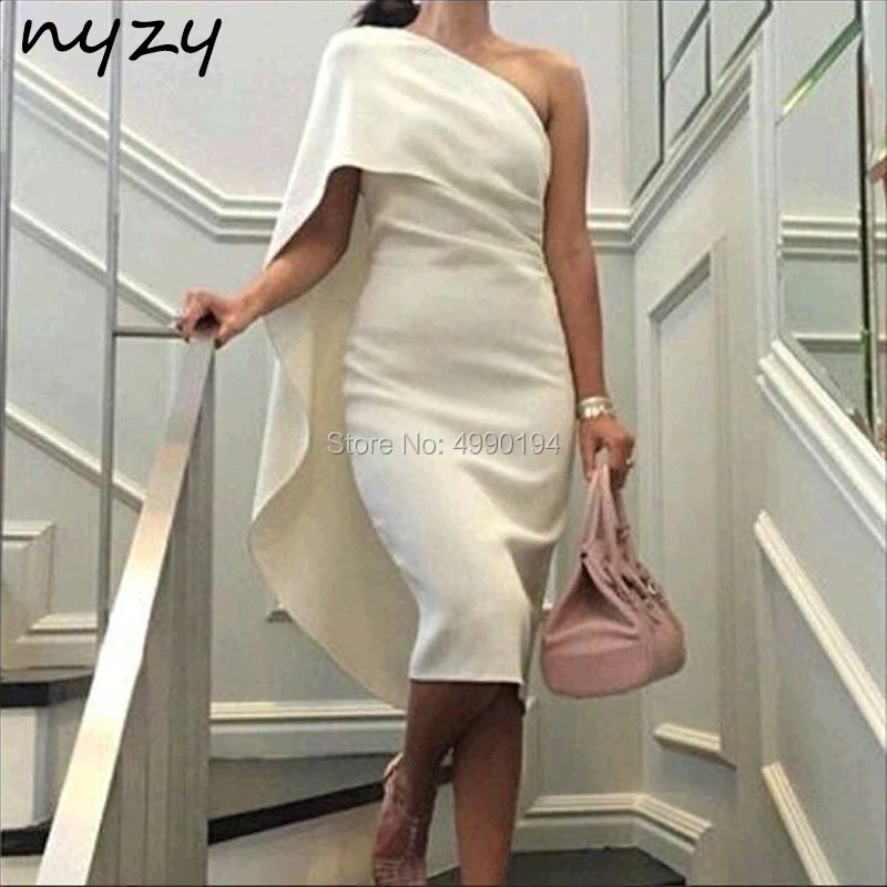 

One Shoulder Cape Sleeve Cocktail Dresses White Jersey elegant dress women for wedding party graduation homecoming 2019 NYZY C47