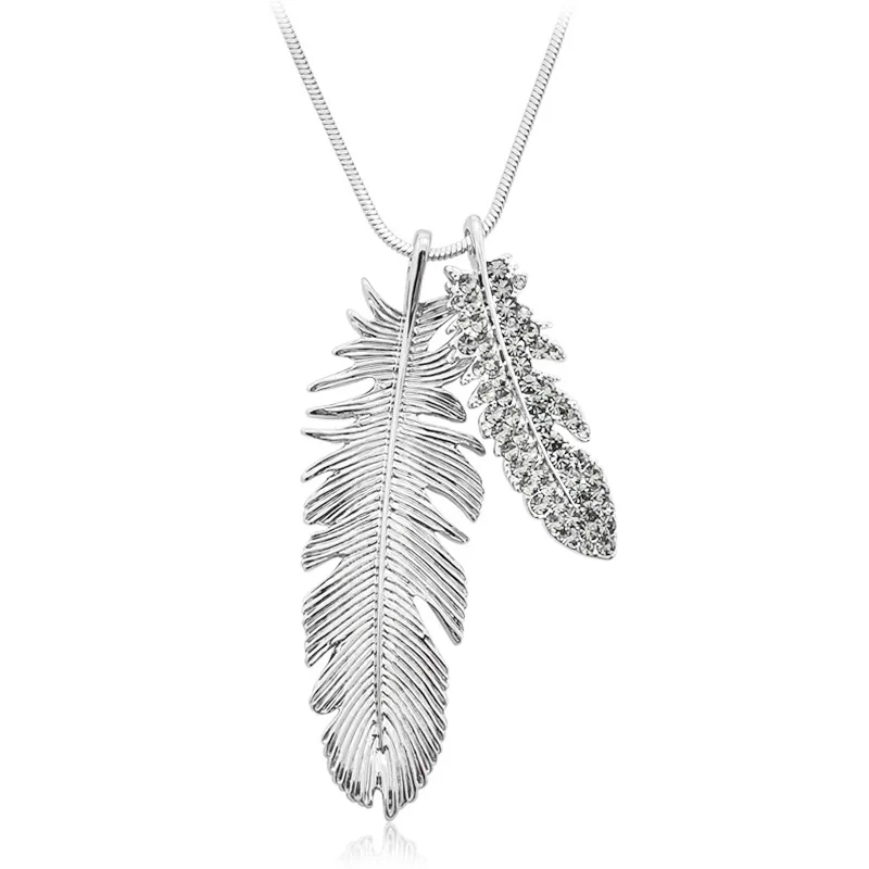 Длинное простое ожерелье с подвеской в виде перьев, стразы для женщин, модные подвески, вечерние ювелирные изделия, ожерелье для женщин