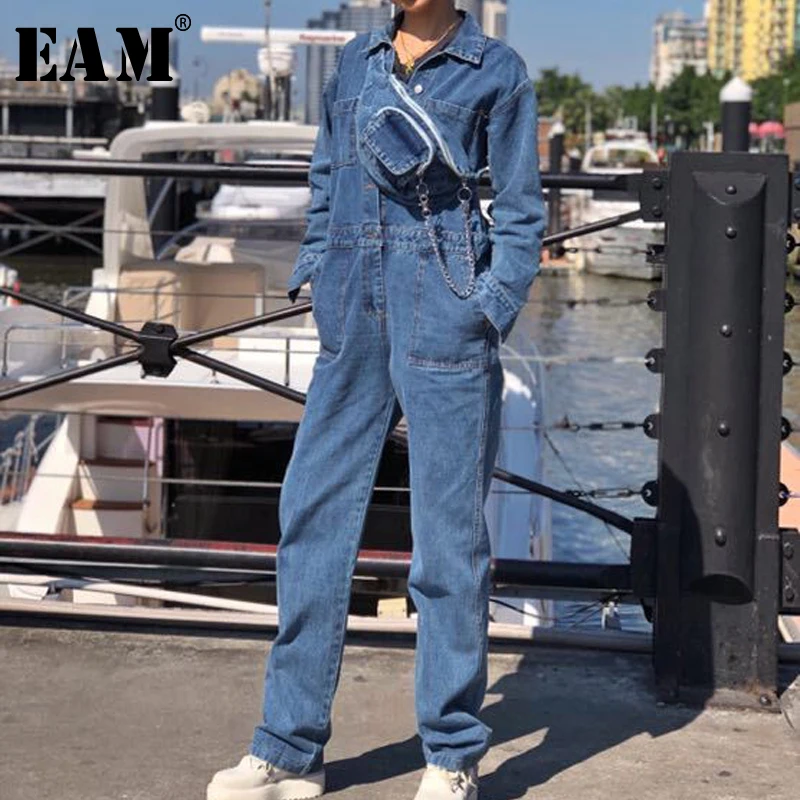

[EAM] 2019 Spring Woman New Personality Stylish Handsome Blue Color Long Turn-down Collar Denim With Waistbag Jumpsuits LI217