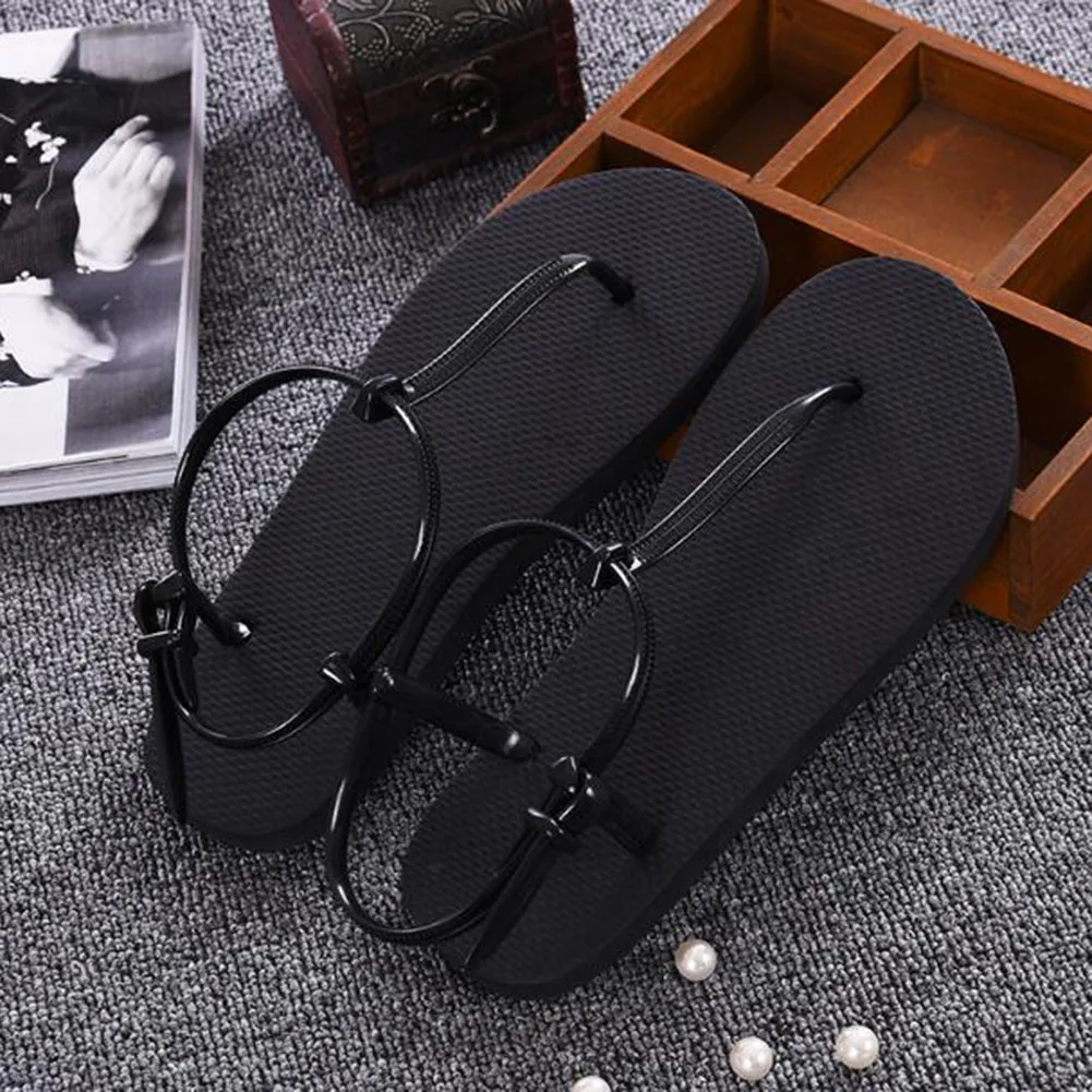 

2019 Women's Summer Beach Sandals Flip Flops Casual Slip On T strap Ankle Strap Shoes Solid Pink Black Color Thong Toe Footwear