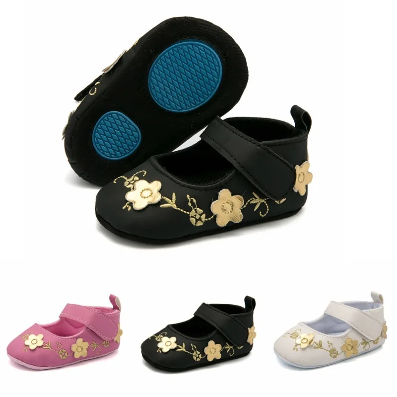 First Walking Shoes for Baby Girl Embroidery Flower Hook & Loop Anti