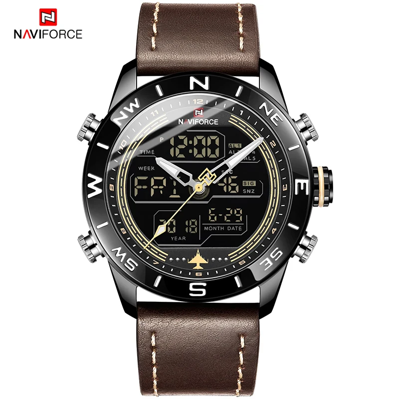 NAVIFORCE 9144 модные золотые мужские спортивные часы светодиодные аналоговые