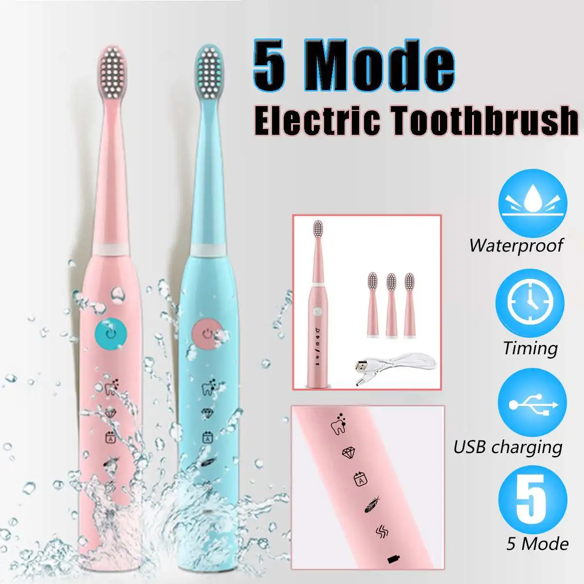 

Sonic-Electric Toothbrush USB Rechargeable Waterproof 5 Modes with 4pcs Replacement Heads Soft Food Grade Silicone Pink Blue
