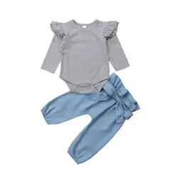 Комплекты хлопковой одежды с длинными рукавами для новорожденных девочек; сезон весна-осень; серые Топы; комбинезон с бантом; джинсовые