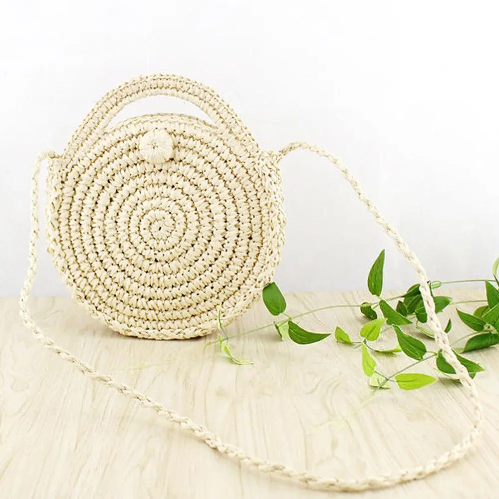 

2018 New Style Fashion Women Girls Straw Bag Woven Round Handbag Solid Cross Body Beach Messenger Summer Bags