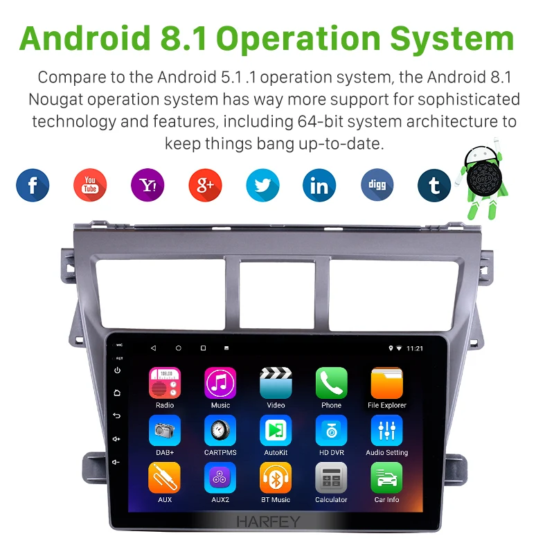 Cheap Harfey Android 8.1/7.1 9" 2Din Car Radio For2007-2009 2010 2011 2012 Toyota VIOS Head Unit WiFi Stereo GPS Multimedia Player 1