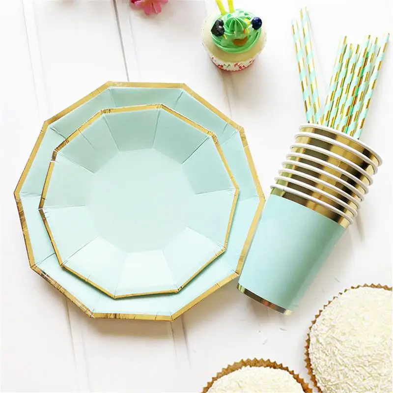 

INS Style Disposable Tableware Set Gold Blocking Pure Color Disposable Dish Cup Dining Ornament Party Dinner Supplies Plates