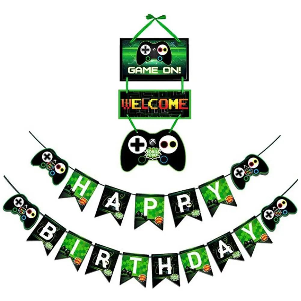 Video Game Happy Birthday Banner, Gaming Party Supplies With Game On & Level Up Pictures, Party Favors Decorations For Boys