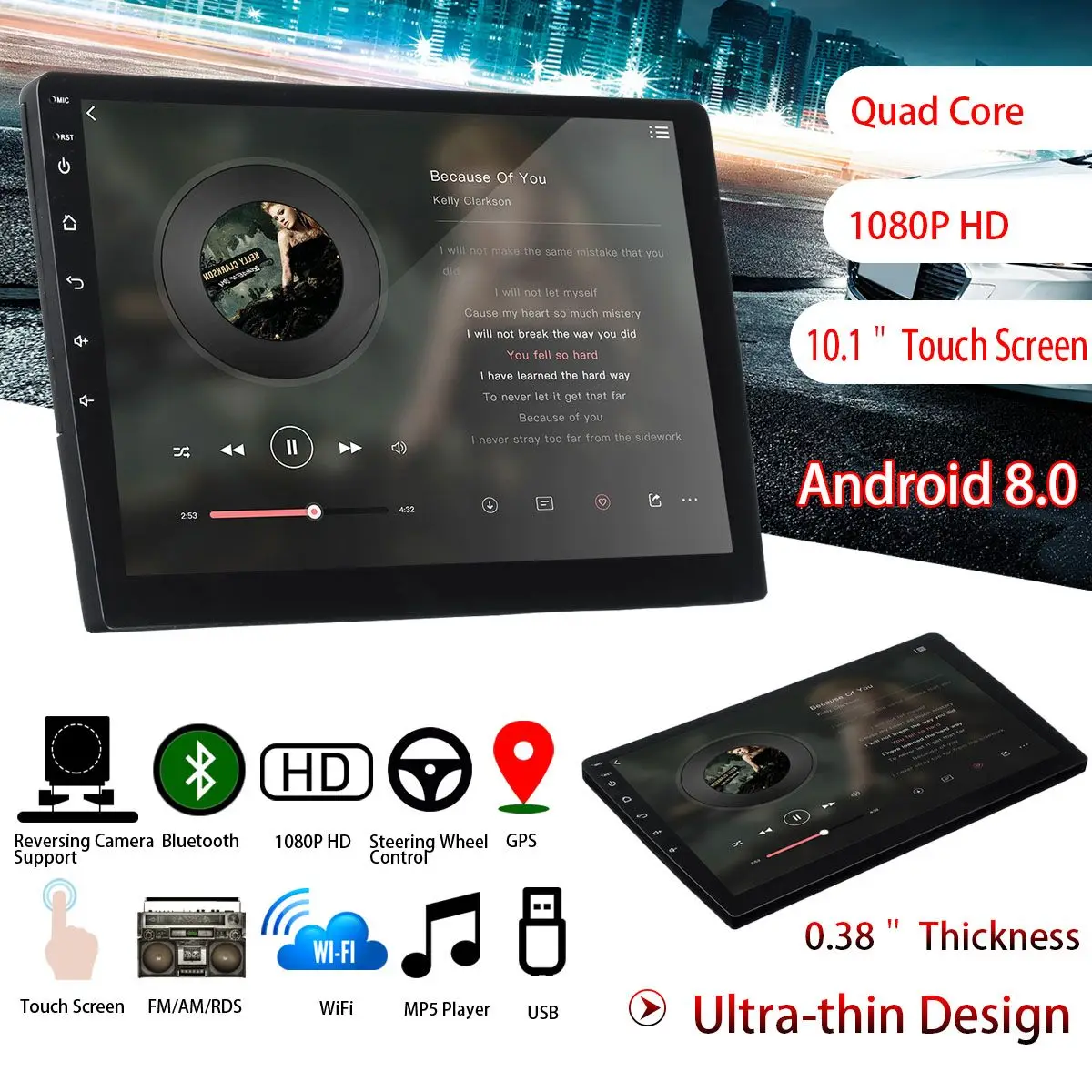 

Car Stereo 2 din Car Multimedia MP5 Player 2G+32G 10.1" for Android 8.0 bluetooth WIFI GPS Nav Quad Core Radio Video Audio