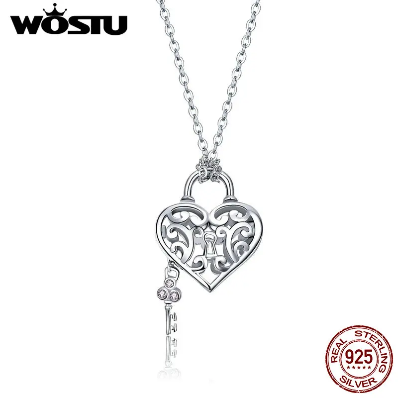 

WOSTU Love Gift 100% 925 Sterling Silver Heart Lock Key Pendant Necklaces Long Chain For Women Wedding Engagement Jewelry CQN321