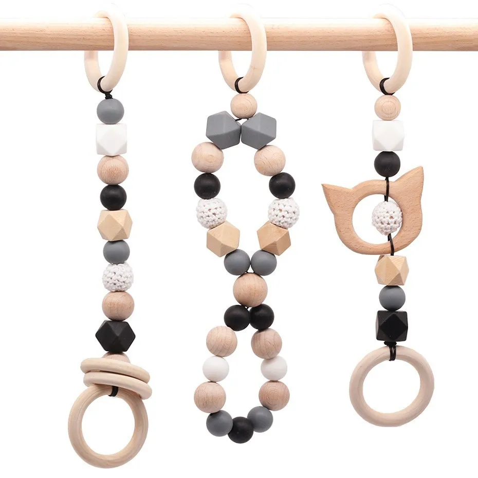 

Baby Rattle Toys Animal Wooden Rattle Ring Natural Wood Silicone Beads Play Gym Toy Stroller Hanging Toys Newborn Infant Gift