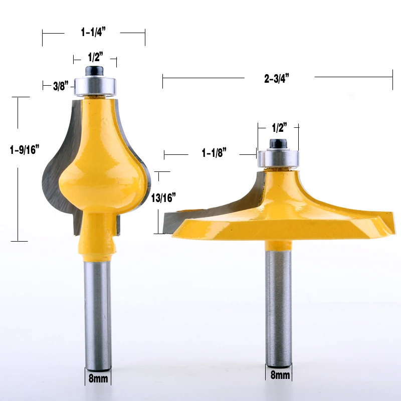 2PC 8mm Shank Handrail Router Bit Set - Standard/Flute Line knife Woodworking cutter Tenon Cutter f