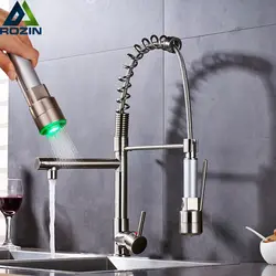 Никель Матовый светодио дный светодиодный выдвижной кухонный кран на бортике с двойным носиком горячей и холодной воды кухонный смеситель