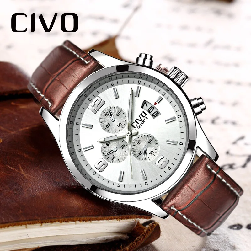 CIVO Relogio Masculino коричневый пояса из натуральной кожи мужские водонепроницаемые