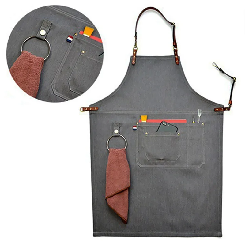 

Senior Denim Cowboy Bbq Apron Bib Leather Straps Kitchen Apron For Women Men Barber Cooking Restaurant Waitress