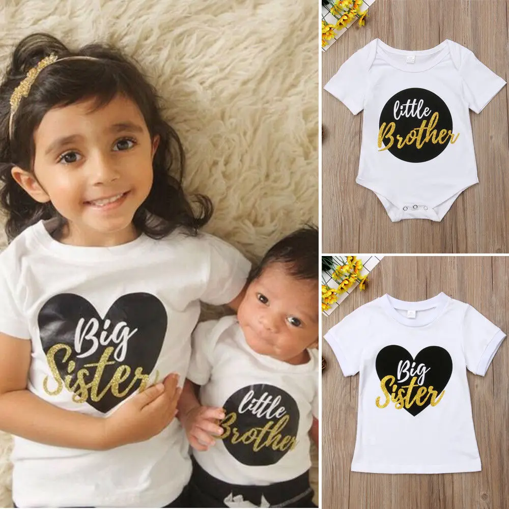 Sister Brother Matching Top Fashion Short Sleeve Letter Bodysuits T-shirts Tops Sisters T-Shirts | Мать и ребенок