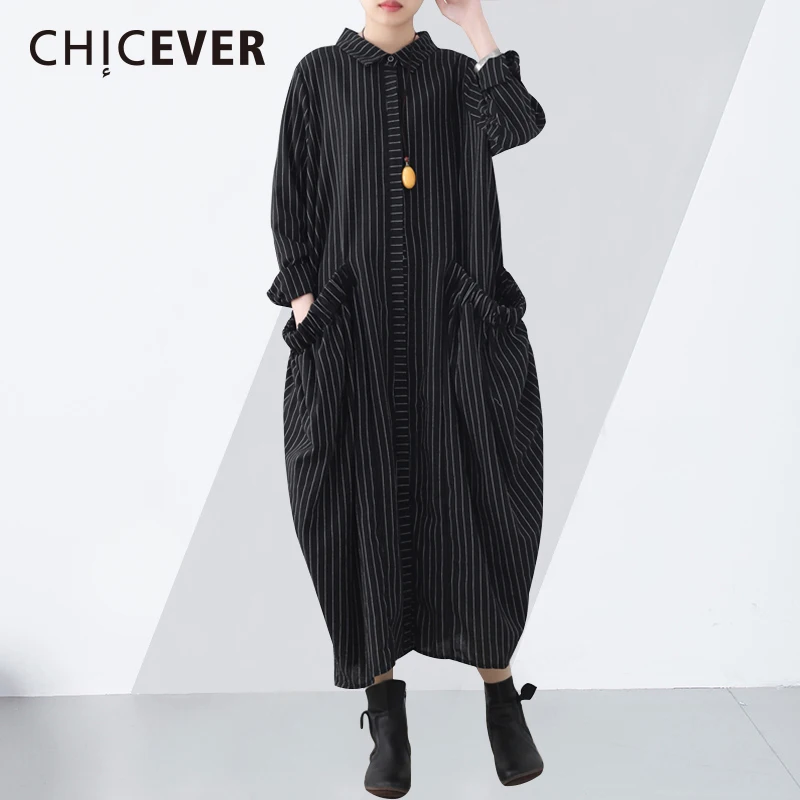 

CHICEVER 2019 Spring Women's Dresses Lapel Long Sleeve Loose Big Size Striped Casual Dress Female Big Pockets Clothes Fashion