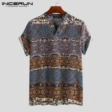 Мужская футболка с принтом в этническом стиле, v-образный вырез, короткий рукав, хлопок, брендовая футболка с короткими рукавами, повседневные мужские Гавайские футболки INCERUN