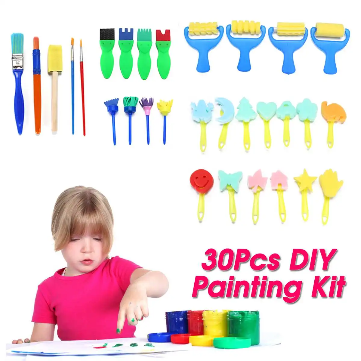 

30pcs/set Diy Child Painting Tool Kit Roller Mold Sponge Drawing Writing Brush Mini Pattern Mold Toy Kids Gifts Merry Christmas
