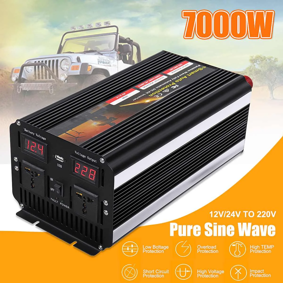

Pea 7000W 12V/24V 220V Car Power Inverter Converter Double LCD Digital Display Pure Sine Wave Voltage Transformer 2 LCD Digital