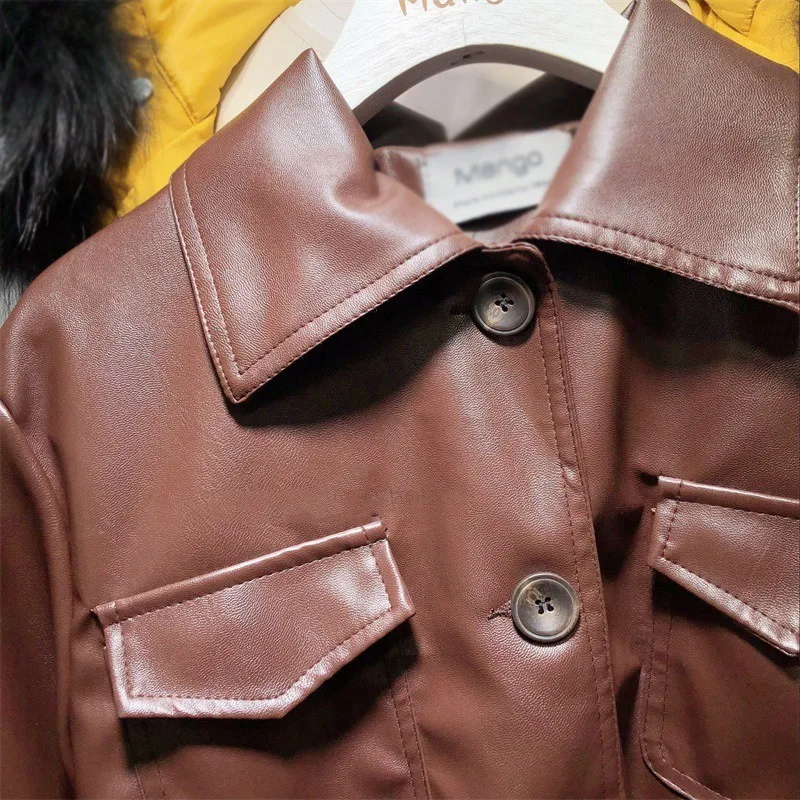 En Carré ewq 2019 Femmes Col Black De Veste Manches Poches Dame Marée Cuir Femme Oe326 Pu Bureau Mode brown Bouton Longues Faux Printemps IIvqF