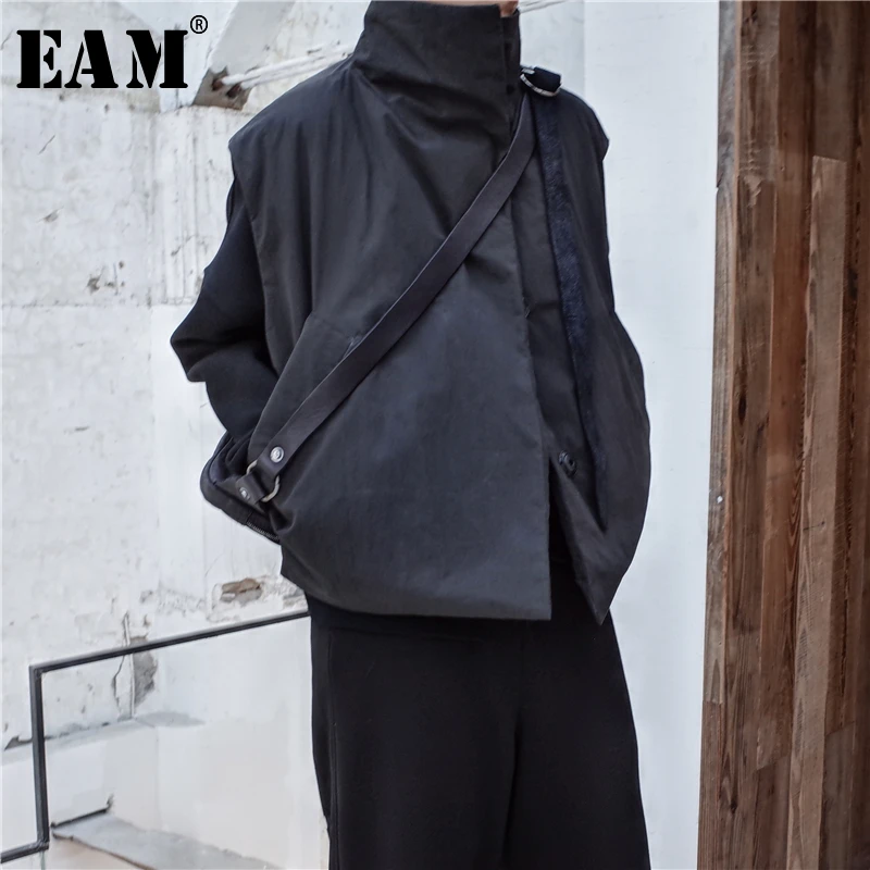 [EAM] 2019 New Spring Stand Collar Sleeveless Black Stitch Warm Cotton-padded Vest Women Fashion Tide All-match JI548