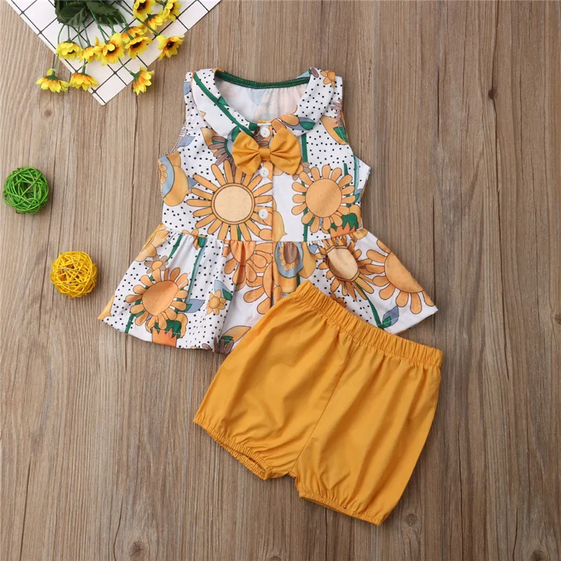 

Summer Fashion Children's Kid Clothes Set Baby Girls Sunflower Bow Vest Shorts 2pcs Cute Party Clothing Outfits