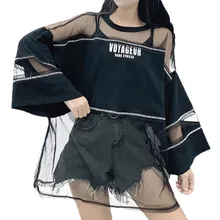 Летняя уличная мода, большие размеры, Прозрачная Футболка, Топ для женщин, корейский стиль, Harajuku, сетка, перспективная футболка, туристическая одежда