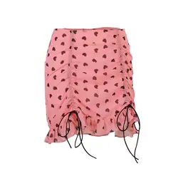 Новинка 2019 года летние юбки для женщин мини для повседневное сладкий печати пляж шифон, высокая талия кружево до Розовый праздник Boho