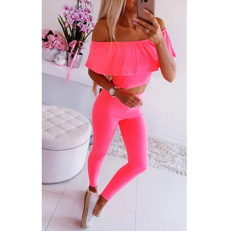 Women Set Summer Sexy Off Shoulder 2 Pieces Outfits Crop Top And Long Pants Matching Sets Female Tracksuit Two Piece SJ2708X |
