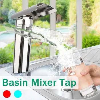 

Modern Glass Waterfall Bathroom Faucet Chrome Brass Basin Sink Mixer Tap Cold And Hot Single Handle Water Faucet Deck Mounted