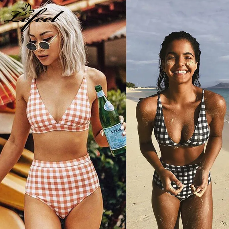 

Lefeel 2019 Sexy Bikinis Set Plaid Swimsuit High Waist Bikini Shoulder Strap Swimwear Women Beach Wear Bathing Suit Biquini