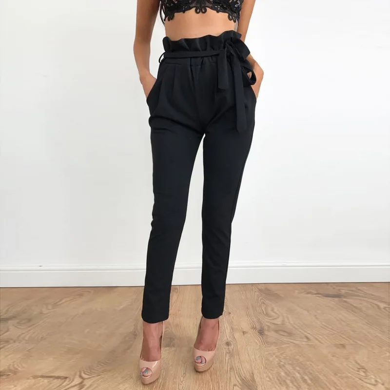 2019 Spring Summer Pants Trousers Women High Waist Belt Slim Pencil Sashes Casual Solid Pleated Cargo | Женская одежда
