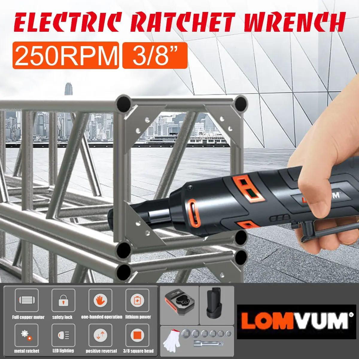 

12V 60NM Electric Ratchet Wrench Large Torque 90 Degree Right Angle 3/8'' 250RPM