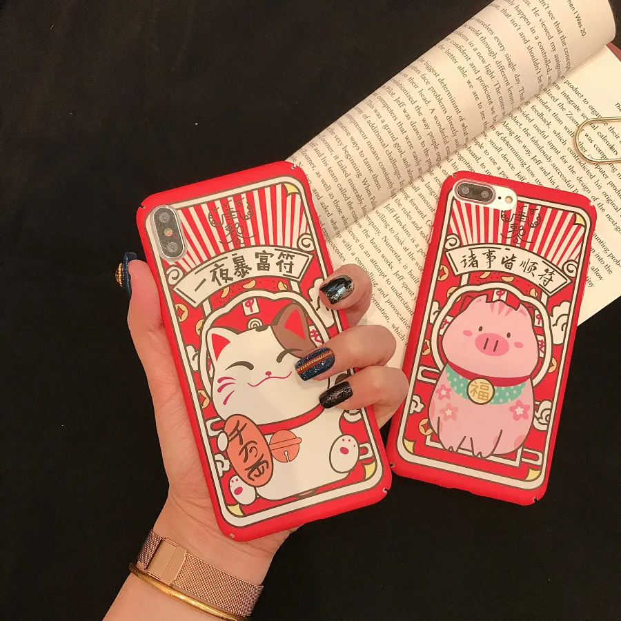 

Cute Cartoon Red Lucky Cat Pig Phone Case For iPhone X XS Max XR For iPhone 7 7 Puls 6 6S 7 8 Plus Hard Plastic Matte Back Cover